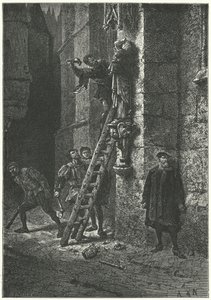Protestanter ødelegger en statue av jomfruen og barnet på Notre Dame, Paris