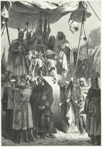 Saladin ser på fangede kristne gå forbi etter at han erobret Jerusalem av Alphonse Marie de (after) Neuville
