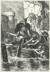 Den normanniske flåten angriper Paris, 885 (gravering) av Alphonse Marie de (after) Neuville