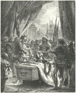 Kommandanten for Chateauneuf de Randon legger nøklene til byen på kisten til Bertrand du Guesclin av Alphonse Marie de (after) Neuville