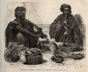 Les charmeurs de serpents, som handler med krypdyr, som de tiltrekker seg ved å blåse i toumril (fløyte), gravering etter tegningen av A. de Neuville, som illustrerer reisen til India av Rajahs, i 1864-1868, av Louis Rousselet, utgitt i "" Le tou av Alphonse Marie de Neuville