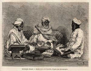 Les mullahs de la moské de Bhopal, i full diskusjon av de omstridte punktene i den muslimske religionen, gravering etter tegningen av A. de Neuville, som illustrerer reisen i India av Rajahs, i 1864-1868, av Louis Rousselet, publisert i "" Le til av Alphonse Marie de Neuville