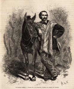 Portrett av Dr. Saffray, armene på fjellet, i reisedrakt, gravering etter tegningen av A. de Neuville, som illustrerer reisen til New Granada, av Dr. Saffray, i 1869, publisert i "" Le tour du monde"" ” 1873, redigert av Edouard Charton, Hachette editi av Alphonse Marie de Neuville