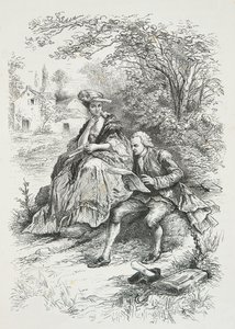Rousseau i selskap med Madame Louise d#39;Epinay, ved Eremitasjen i Montmorency (gravering) av Alphonse Marie de Neuville