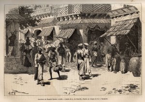 Korsveien til Chandni chowk, gaten til gullormer, hovedåren for kommersielle og håndverksaktiviteter, som krysser Dehli fra den store porten til palasset til porten til Lahore, gravering etter tegningen av A. de Neuville, som illustrerer reisen