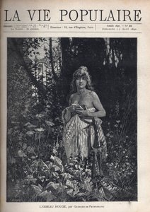 En naken ung kvinne, stående og decoiffe, dekker kroppen hennes med et teppe, omgitt av vegetasjon og trær som maskerer et smijernsnett. Illustrasjon av Alfons Maria Mucha (Alphonse Marie Mucha av Alphonse Mucha