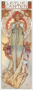 Reklameillustrasjon av Alphonse Mucha som representerer sceneskuespilleren Leslie Carter i hennes nye skuespill "" Kassa" - 1908 Dim 78x209 cm Privat samling av Alphonse Mucha