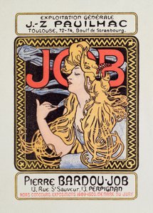 Reklameplakat for sigarettpapir Job laget av Alphonse Mucha (1860-1939) 1900 - Søn 12x8 cm Reklameplakat for sigarettpapir Job utgitt av Alphonse Mucha, 1900 - Privat samling