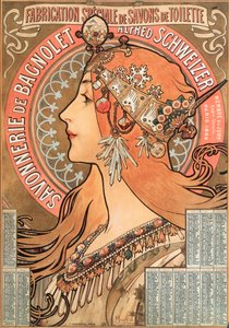 Årets kalenderside 1898 dekorert av en reklameillustrasjon av Alphonse Mucha (1860-1939) for såpeselskapet Savonnerie de Bagnolet Alfred Schweizer - Reklameillustrasjon av Alphons ( av Alphonse Mucha