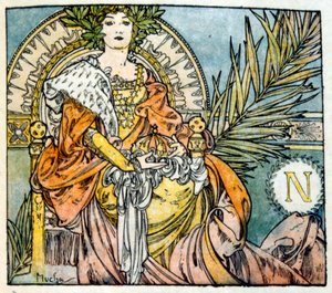 Illustrasjon av Alphonse Mucha fra "Clio" et verk av den franske forfatteren Anatole France. 1900. Mucha (1860 – 1939). var en tsjekkisk jugendmaler av Alphonse Mucha