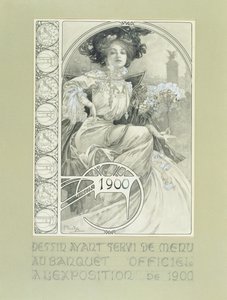 Offisiell bankett for Paris internasjonale utstilling 1900. Design for menyen. av Alphonse Mucha