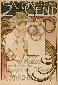 Plakat for Alphonse Muchas utstilling i Salon des Cent, Paris, Frankrike, 1897