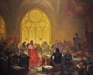 Hussittkongen George av Podebrady Syklusen Det slaviske epos av Alphonse Mucha