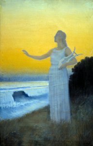 Anthem to the Sea Ung kvinne holder en lyre vendt mot havet. Karakter som fremkaller den greske poetinnen til Antiquite Sapho. Maleri av Alphonse Osbert (1857-1939) 1900 privat samling