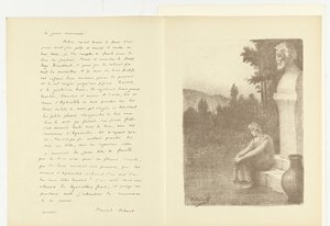 Illustrasjon med en kvinne som sitter nær en byste av en mann og en vannkanne med diktet La jarre couronnée av Marcel Schwob Illustrasjon for La jarre couronnée av Marcel Schwob L