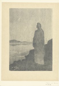 Stående kvinne ved vannkanten ser på månen Drøm om natten Rêverie dans la nuit L'Epreuve (serietittel)