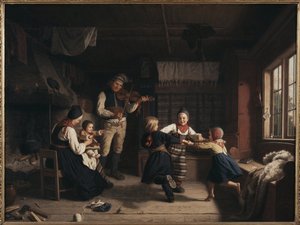 Søndag kveld i et våningshus i Dalarna - Søndagskveld i et gårdshus i Dalarna, av Lindegren, Amalia (1814-1891). olje på lerret