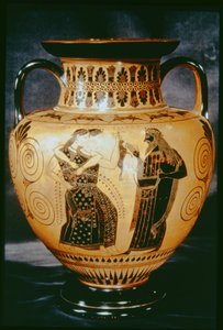 Attisk svart figuramfora som viser en dionysisk scene, 540–530 f.Kr. (lertøy)