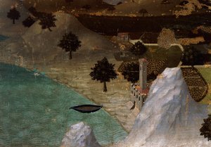 Slott ved innsjøen, av Ambrogio Lorenzetti (1290-ca 1348), Tempera på tre, 22,5x33 cm av Ambrogio Lorenzetti