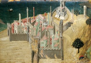 By ved havet, av Ambrogio Lorenzetti (1290-ca 1348) Tempera og gull på tre, 22,5x33,5 cm av Ambrogio Lorenzetti