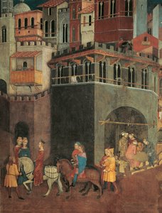 Effekter av god regjering i byen, prosesjon av adel på gatene i byen, detaljer om allegori og virkninger av god og dårlig regjering på by og land av Ambrogio Lorenzetti
