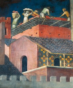 Effekter av god regjering i byen, murere på jobb, detaljer fra Allegory og effekter av god og dårlig regjering i by og land av Ambrogio Lorenzetti
