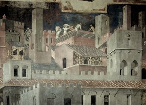 Effekter av god regjering i byen, detalj av arkitektur og bygging av et hus av Ambrogio Lorenzetti
