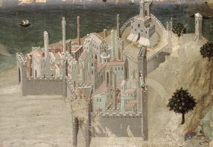 Utsikt over en kystby (olje på panel) av Ambrogio Lorenzetti