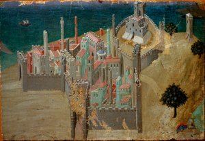 Utsikt over en befestet by nær havet Detalj. Detrempe på tre av Ambrogio Lorenzetti av Ambrogio Lorenzetti