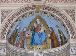 Gian Galeazzo Visconti og hans barn Filippo Maria, Giovanni Maria og Gabriele Maria presenterer modellen av Certosa til Jomfru Maria og barnet (fresco)