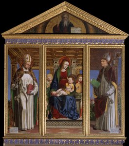 Jomfru og barn med de hellige Saint Hugh av Avalon (eller Hugh av Lincoln) (1140-1200) og Saint Hugh av Grenoble (eller Hugh av Chateauneuf) (1053-1132) Maleri av Ambrogio da Fossano dit il Bergognone (1481-1522) Cathedrale Saint Just, Susa, Torino