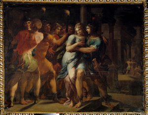 The Abduction of Chariclee av Theagene"" Illustrasjon av "The Abduction of Chariclee av Theagene""" av Heliodore (Heliodoros) av Emese (4. århundre e.Kr.). Maleri av Ambrose Dubois (1542-1614)