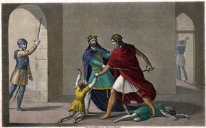 Childebert I lot Clotaire (Clothaire) slakte barna til deres bror Clodomir, kongen av Orleans, hvis stater de deler. Designet og gravert av Ambroise Tardieu i 1825. av Ambroise Tardieu