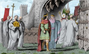 Chilperic I (539-584) i en religiøs prosesjon - Chilperic I, etter drapet på Sigebert, gikk inn i Paris etter en prosesjon for ikke å synes å bryte eden han hadde avlagt om å komme bare med samtykke fra brødrene hans. Brunehaut (eller Brunehilde av Ambroise Tardieu