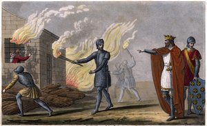 Clotaire (Clothaire) I (497 - 561) brenner sønnen Chramne i en hytte, gjør opprør mot ham - Reign of Clotaire. Clotaire brant i en hytte sønnen hans Chramne gjorde opprør mot ham - Dessine et grave av Ambroise Tardieu i 1825. av Ambroise Tardieu