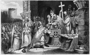 Clovis I (465-511) Baptised with Men from his Army before the Battle of Tolbiac - Bapteme of Clovis 1st, 25th December 496: le roi des Francs (466-511) is baptized by Saint Remi (437-533), eveque of Reims, in Saint Martin Church - Engraving 1825 in “Histoi