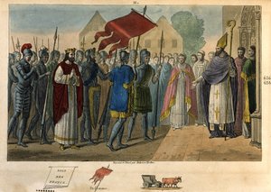 Dagobert 603 til 639 som tok ned banneret ved St Denis - Dagobert I (? - 639), kongen av frankerne, Merovinger-dynastiet. Han grunnla klosteret Saint Denis hvor han deponerte oriflamen. Tegninger og graver av Ambroise Tardieu i 1825. av Ambroise Tardieu