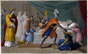 Død av Pepin av Herstal (635-714) omgitt av sin familie - Død av Pepin de Herstal (bestefar til Pepin le Brief), omgitt av sin familie og i nærvær av Dagobert III (714) - Tegn og grav av Ambroise Tardieu i 1825 av Ambroise Tardieu