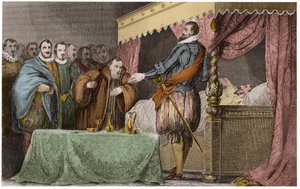 Henry III (1551-1589), konge av Frankrike, anerkjenner på sitt dødsleie Henry av Navarra (Henry IV) som sin legitime etterfølger - Saint-Cloud, 2. august