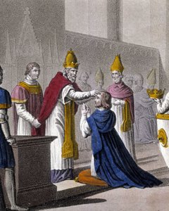 Ludvig II ble innviet for andre gang ved Troyes-konsilet av Johannes VIII i 879 (detalj av 33595). Designet og gravert av Ambroise Tardieu i 1825. av Ambroise Tardieu
