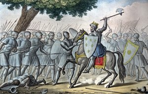 Louis VI, kjent som «the Gros» (1081 - 1137), i slaget ved Brenneville, forsøker å fjerne Normandie fra kong Henry I i 1119. - Designet og gravert av Ambroise Tardieu i 1825. av Ambroise Tardieu
