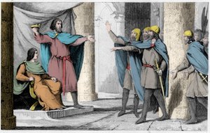 Louis V the Indolent viser sin krone til sine tilhengere i 986 - Louis V le Faineant (ca. 967-987), utropt til konge av Frankrike ved beskyttelse av Hugues Capet, som ble konge av Frankrike, i 986 - Gravering av 1825 i " Histoire de France representert ved av Ambroise Tardieu