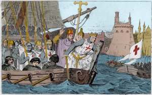Syvende korstog: Kong Saint Louis (1214-1270) og korstogene som beleiret Damiette i juni 1249 i Nedre Egypt - Syvende korstog til det hellige land 1248-50 - Saint Louis IX (1214-70) leder troppene sine i kamp - Gravering av 1825 i «Histoire de France repre