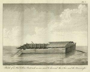 Skisse av en båt med flat bunn, slik den brukes til å gå ned i Ohio og Mississippi, publisert i 1826 av Ambroise Tardieu