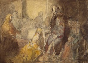 Mary Magdalene salver Kristi føtter (blyant og akvarell)