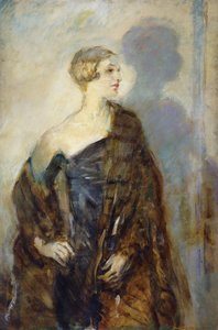 Portrett av Lady Abdy, trekvart lengde, iført en pelsbeklædning, av Ambrose McEvoy