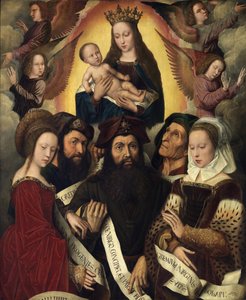 Nederlandsk: Jomfru Maria med barn omgitt av engler, profeter og sibyller Deipara Virgo av Ambrosius Benson