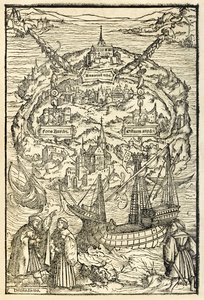 Kart over New Island of Utopia fra en 1518-utgave av Utopia av Sir Thomas More (1478-1535), først utgitt i 1516. Tresnitt av Ambrosius Holbein (ca. 1494-c. 1519) som viser øya med hovedpersoner