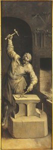 Saint Eligius i verkstedet hans (olje på panel)