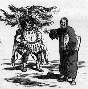 Joy of Rabelais seeing Gustave Dore fully identifies with the men of his writing. Cartoon of Cham. Engraving in “” Le Monde Illustré”” n°821 of January 4 av Amédée de Noé